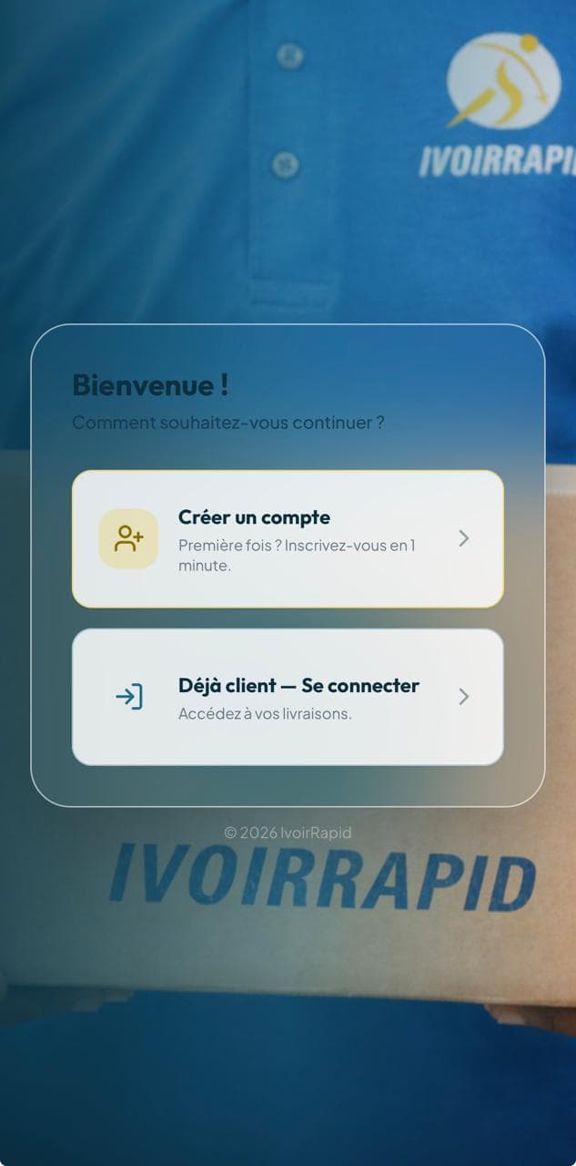 Écran de connexion de l'application client IvoirRapid pour réserver un VTC